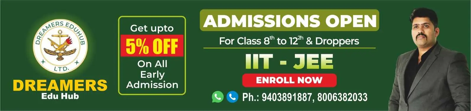 Dreamers Edu Hub IIT JEE Admissions Open for Class 8th to 12th and Droppers – Get Up to 5% Early Admission Offer