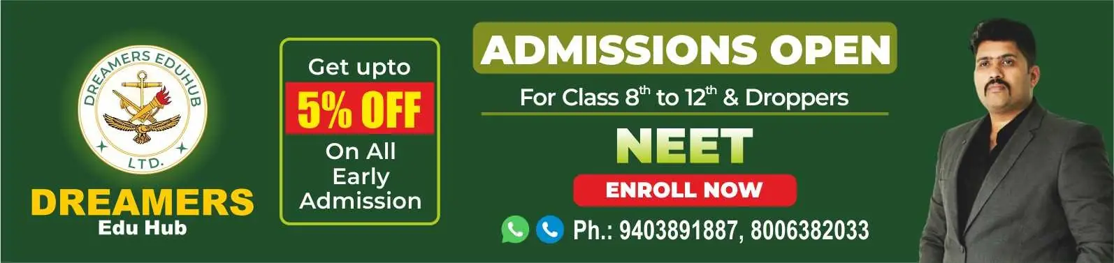 Dreamers Edu Hub NEET Admissions Open for Class 8th to 12th and Droppers – Get Up to 5% Early Admission Discount